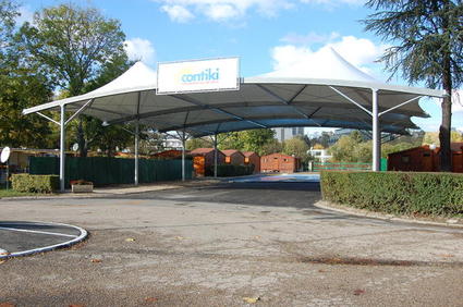 Tensile membrane structure ACS Production for campground reception, bus stations, playground covers, textile architecture