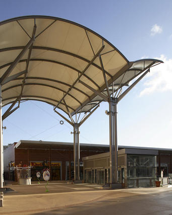 Sun shade structure for shopping centre, train or bus stations, stretched canvas urban amenities by ACS Production BHD Group