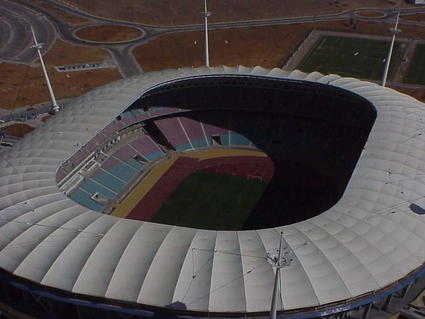 Metal and textile structure, textile architecture, tensile membrane structure on a football stadium tribune in Tunisia by ACS Production