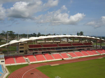 Tensile Fabric Structure, textile architecture, stretched membrane on a football stadium tribune in Equatorial Guinea by ACS Production